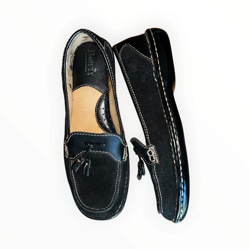 Born Womens Black Leather Suede Tassel Loafers Hand Crafted Shoes Size 8